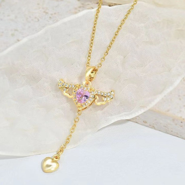 Heart Angel Wings Tassel Necklace With Crystal