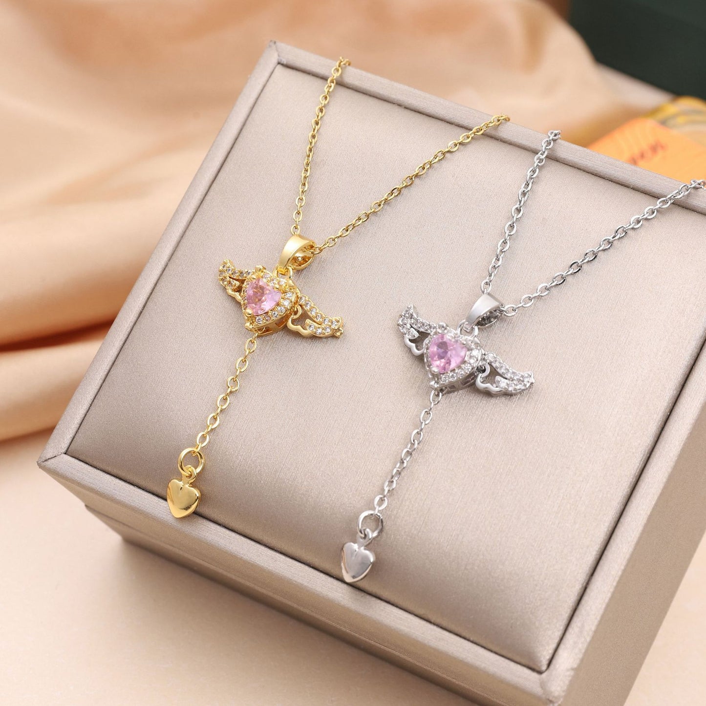 Heart Angel Wings Tassel Necklace With Crystal