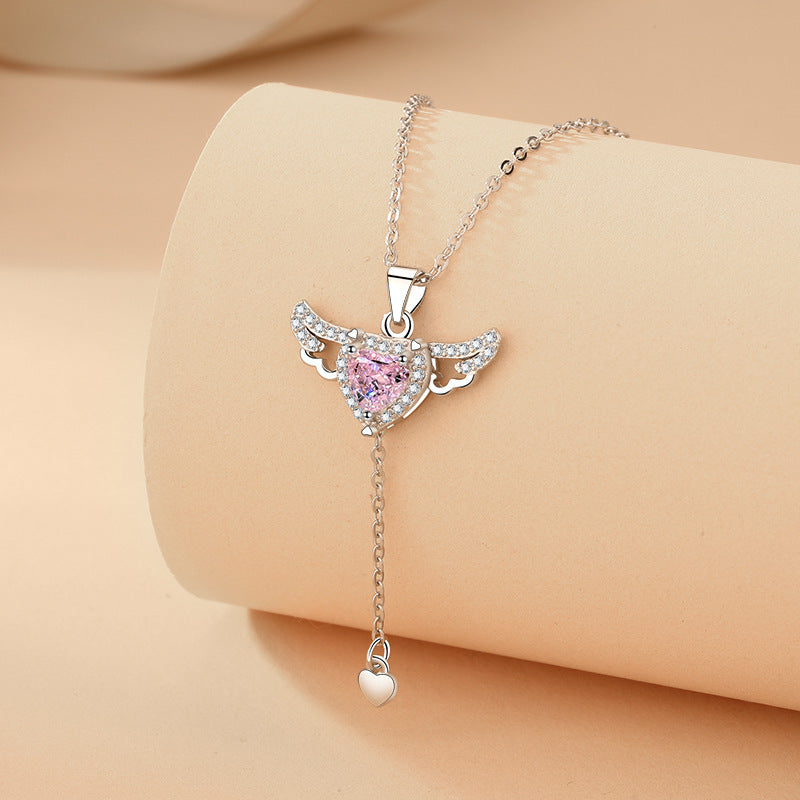 Heart Angel Wings Tassel Necklace With Crystal