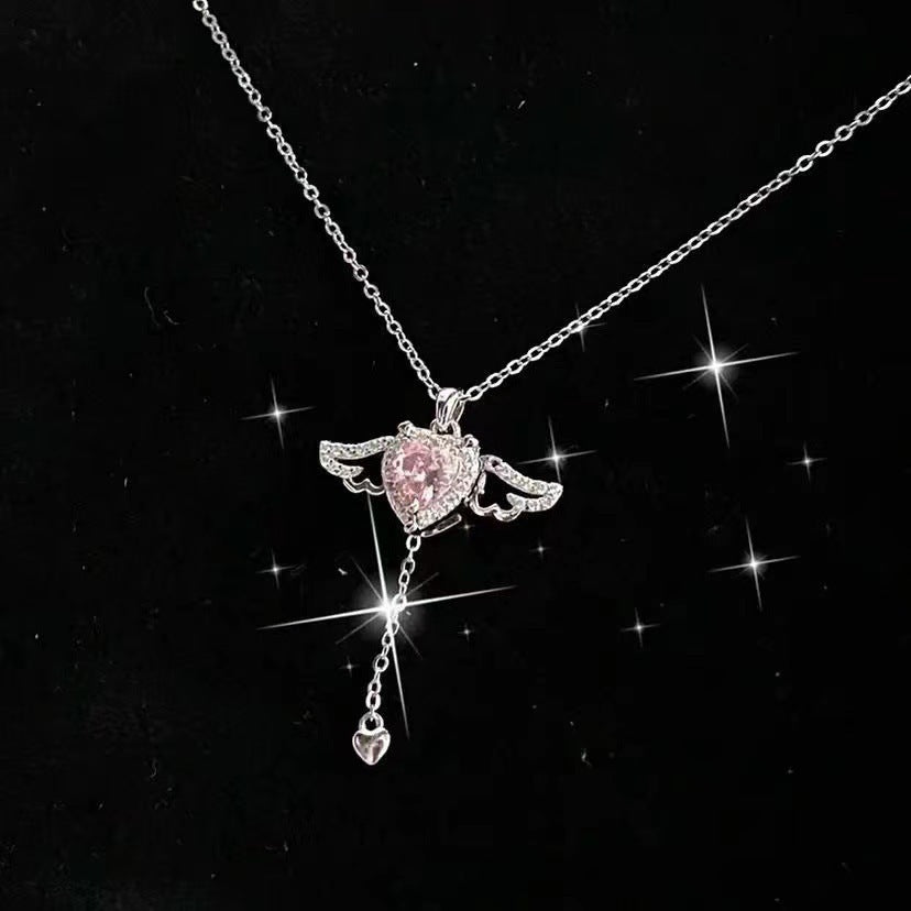 Heart Angel Wings Tassel Necklace With Crystal