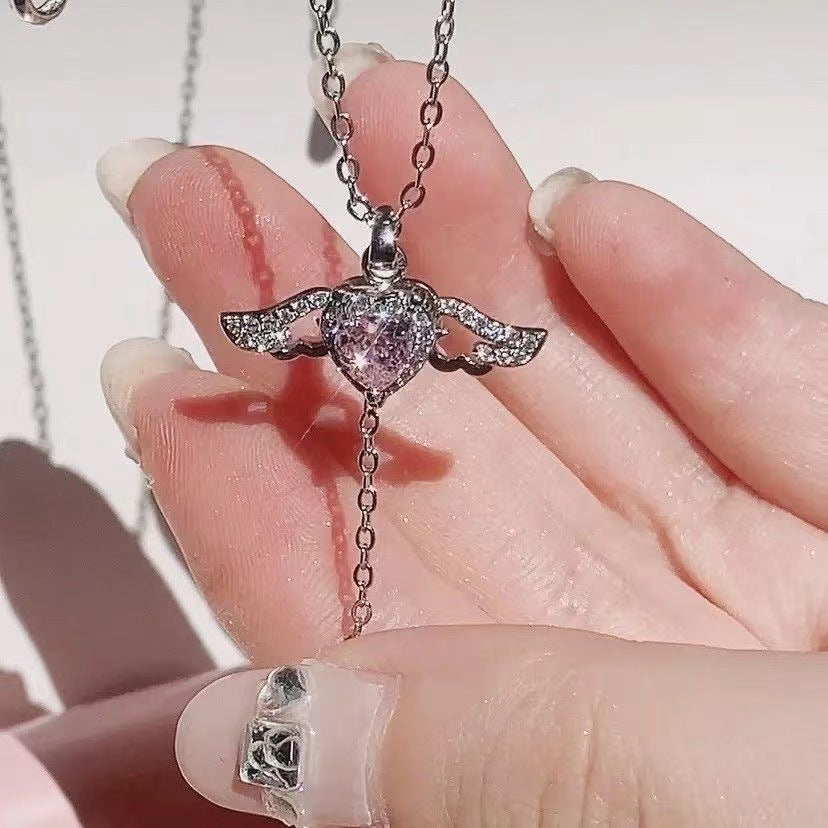 Heart Angel Wings Tassel Necklace With Crystal