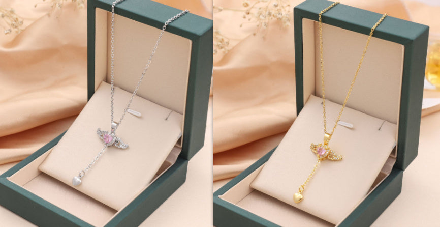 Heart Angel Wings Tassel Necklace With Crystal