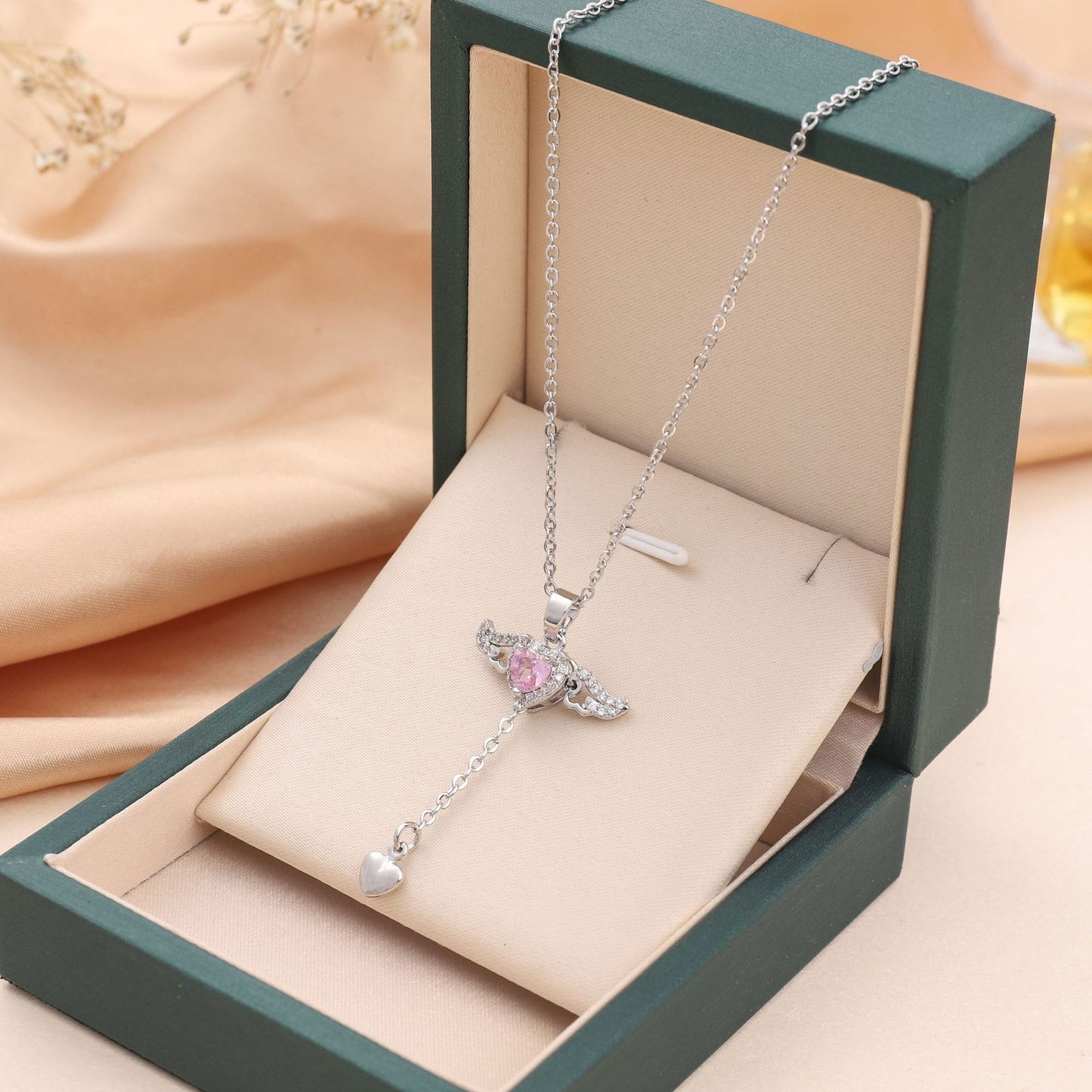 Heart Angel Wings Tassel Necklace With Crystal