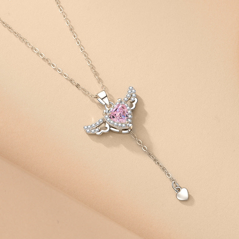 Heart Angel Wings Tassel Necklace With Crystal