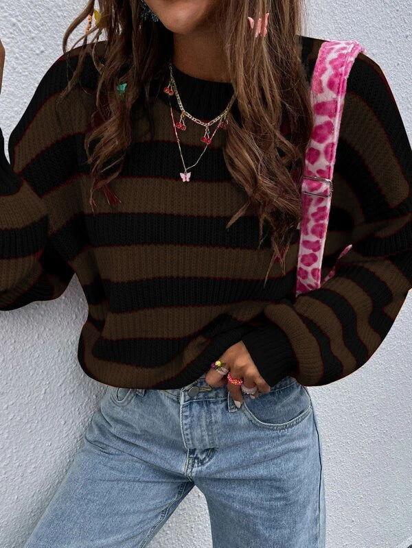 Autumn And Winter New Contrast Color Loose Shoulder Striped Pullover Sweater