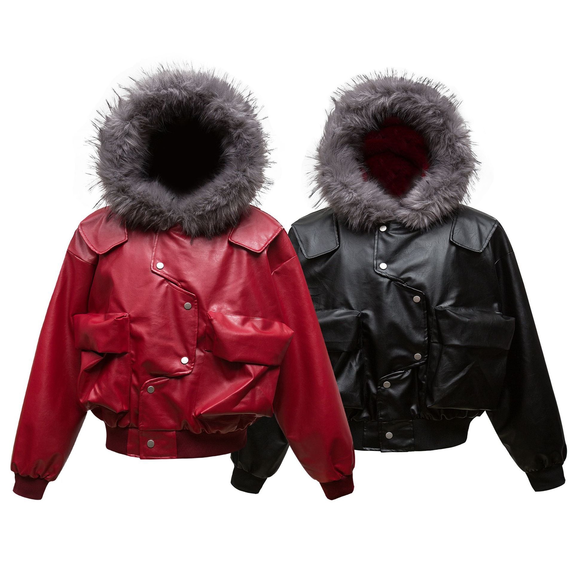 PU Leather Three-dimensional Pocket Coat