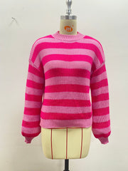 Autumn And Winter New Contrast Color Loose Shoulder Striped Pullover Sweater