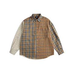 American Retro Irregular Stitching Contrast Color Check Long Sleeve Shirt
