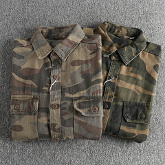 Washed Out Vintage Cotton Workwear Long-sleeved Shirt Coat