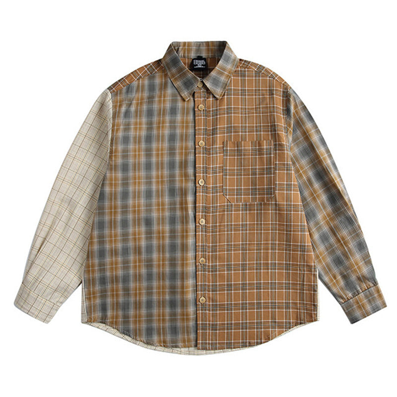 American Retro Irregular Stitching Contrast Color Check Long Sleeve Shirt