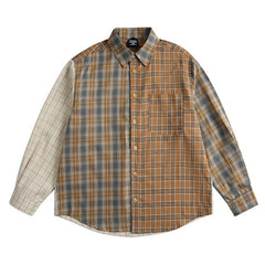 American Retro Irregular Stitching Contrast Color Check Long Sleeve Shirt